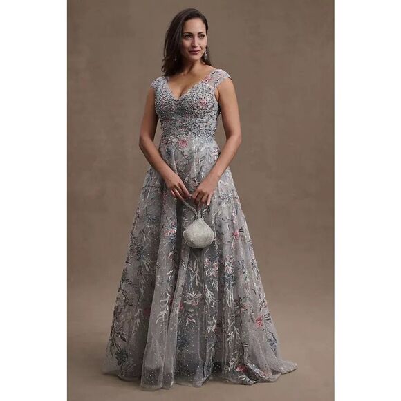 Mac Duggal 20263 Emery Embroidered Gown Dress Gray 6 - Picture 1 of 16